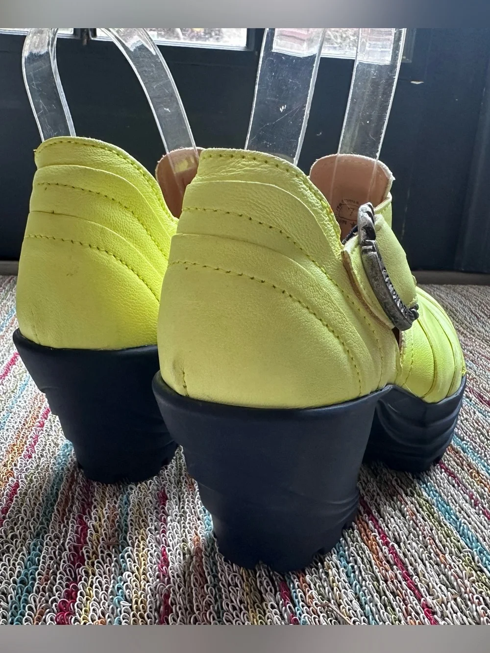 Fluevog EXCELLENT Mellow Bossa Nova neon yellow platform T-strap heel-7 (fit 6.5